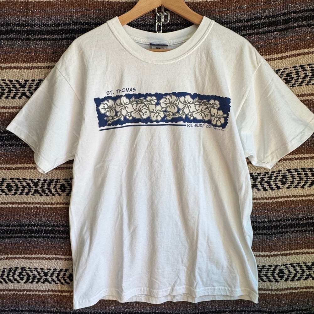Vintage 2001 Del Sol Surf Co St Thomas Graphic Tee Mens Large White Hibiscus